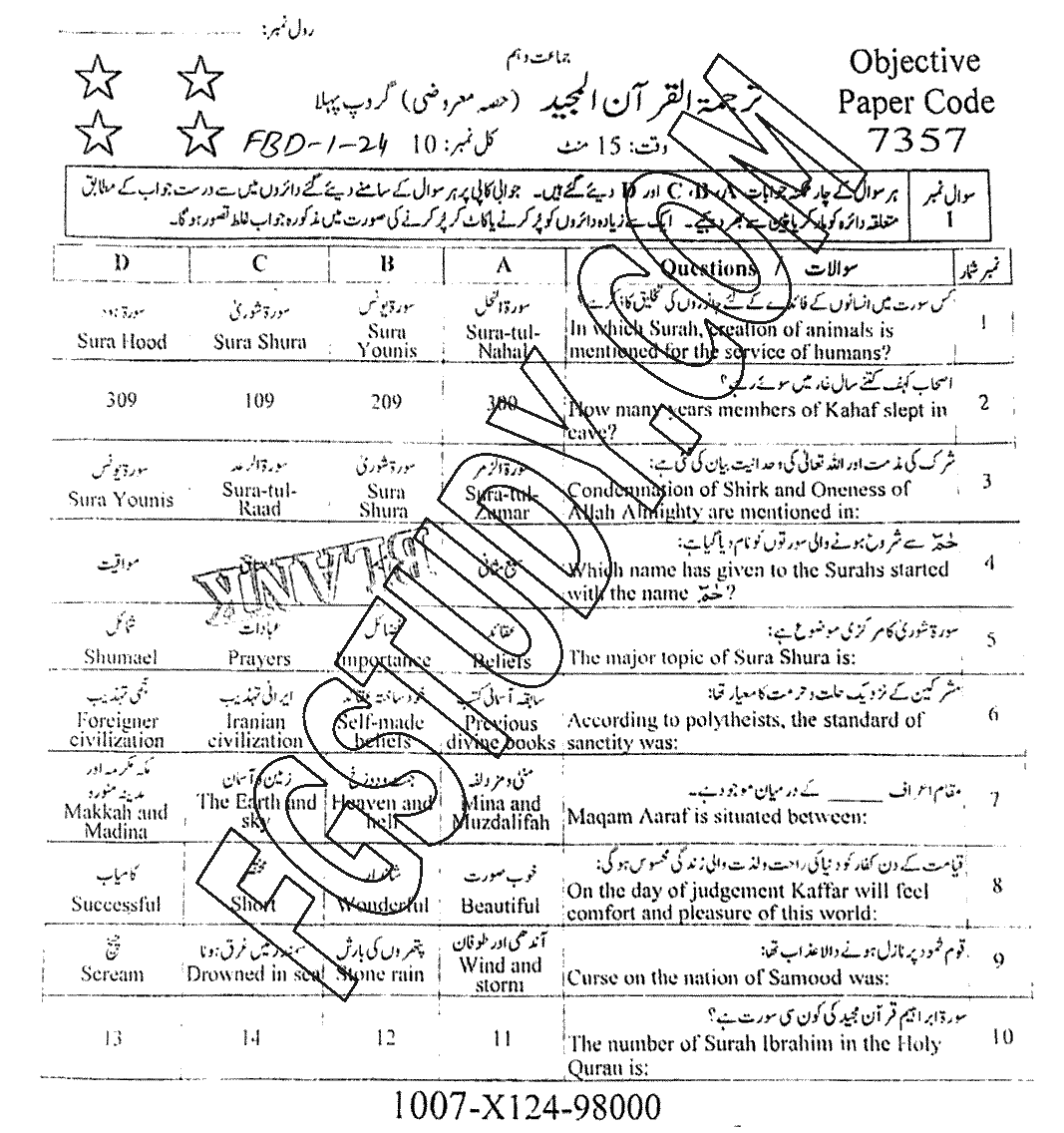 10th Class Tarjama Tul Quran Ul Majeed Past Paper 2024 Faisalabad Board Group 1 Objective