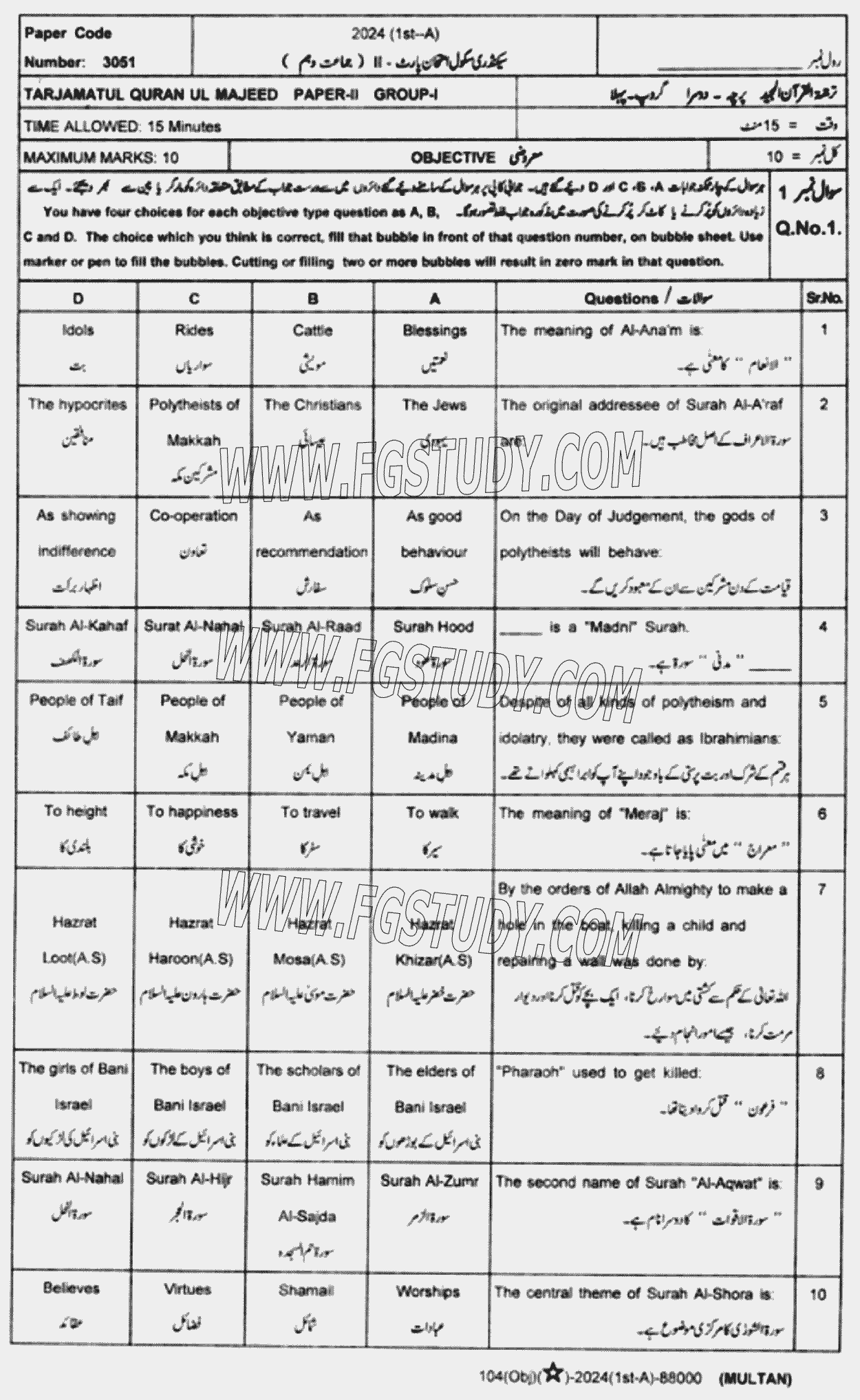 10th Class Tarjama Tul Quran Ul Majeed Past Paper 2024 Multan Board Group 1 Objective