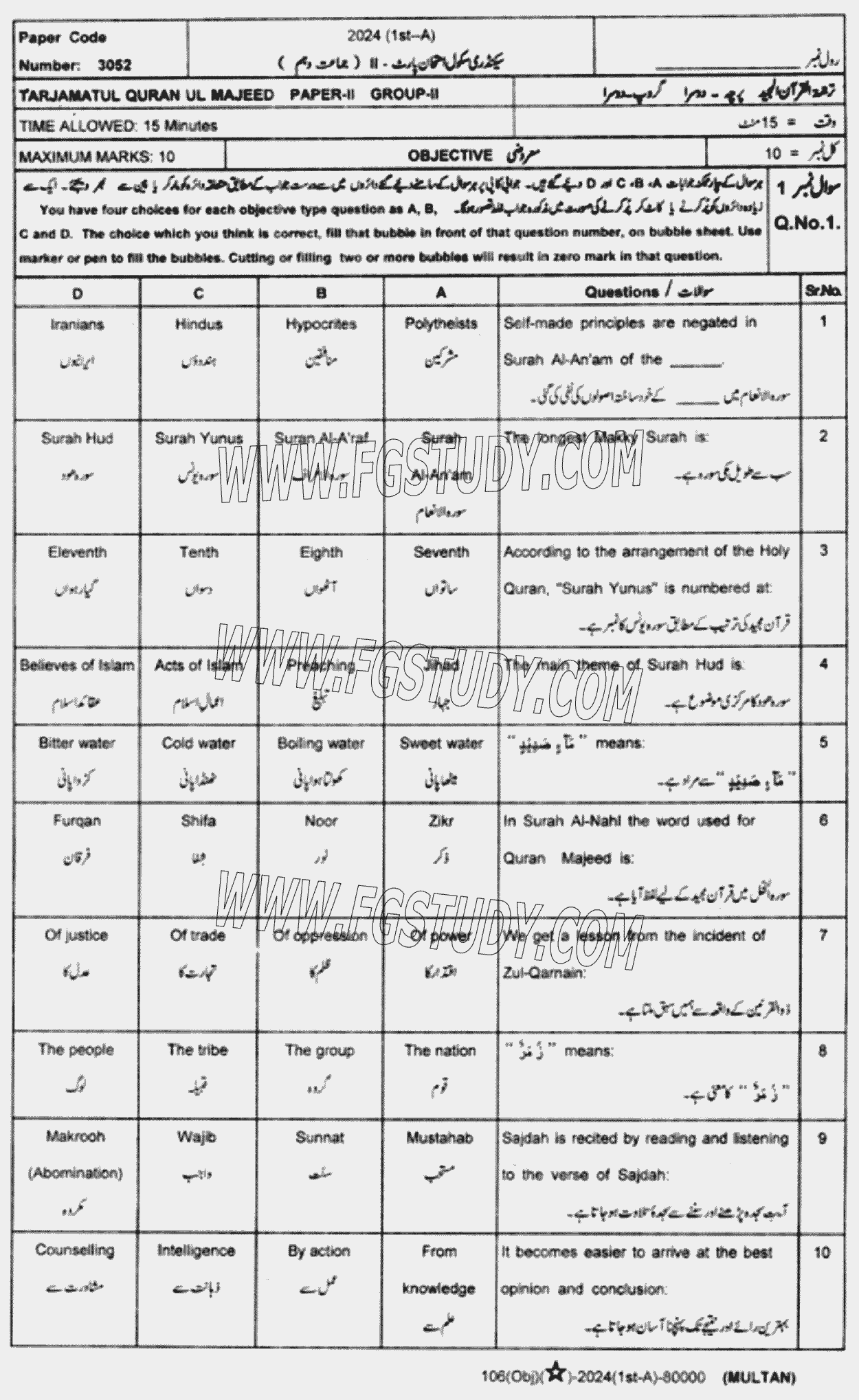 10th Class Tarjama Tul Quran Ul Majeed Past Paper 2024 Multan Board Group 2 Objective