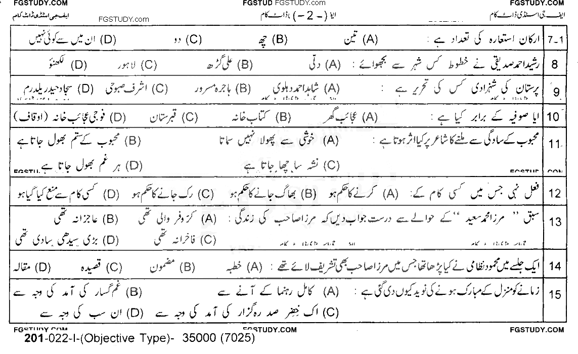 10th Class Urdu Past Paper 2022 Lahore Board Group 1 Objective