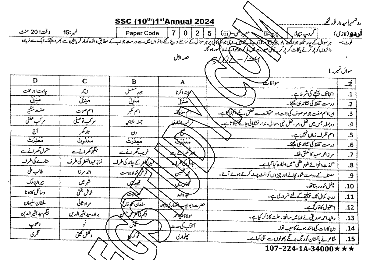 10th Class Urdu Past Paper 2024 Sahiwal Board Group 1 Objective