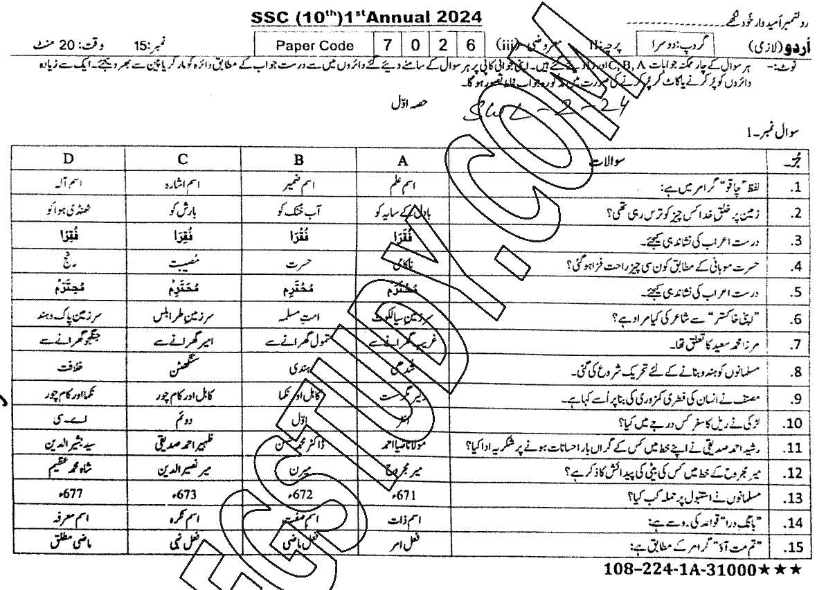 10th Class Urdu Past Paper 2024 Sahiwal Board Group 2 Objective
