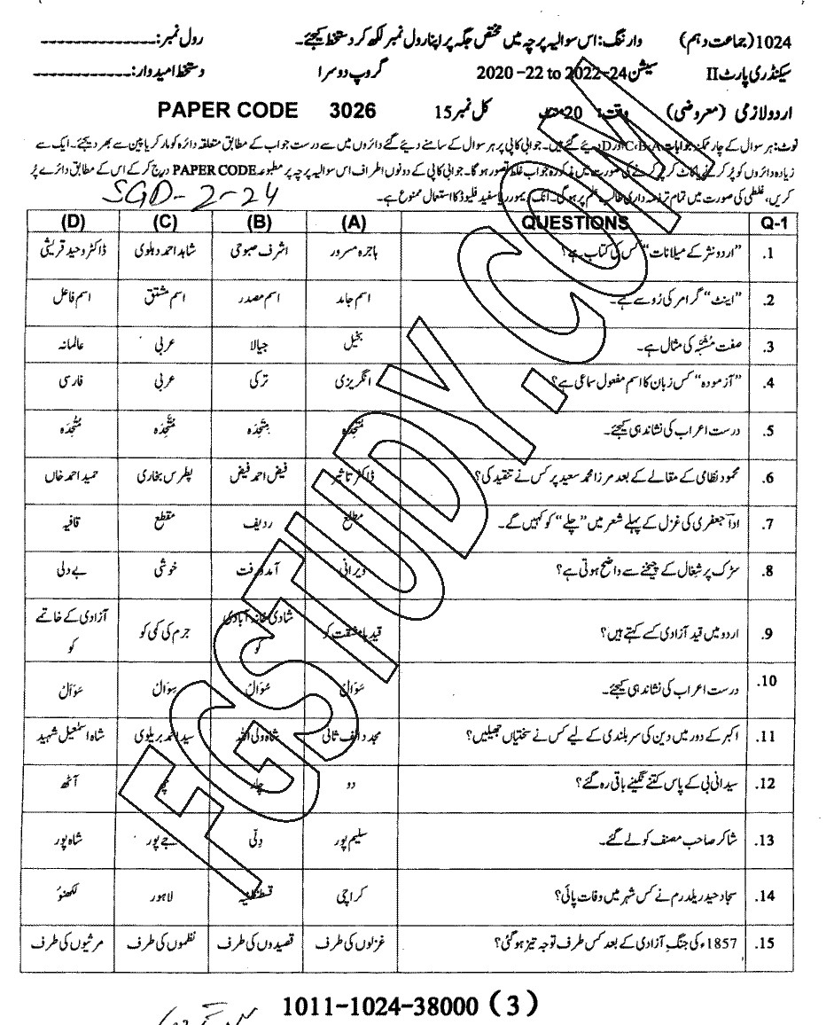 10th Class Urdu Past Paper 2024 Sargodha Board Group 2 Objective