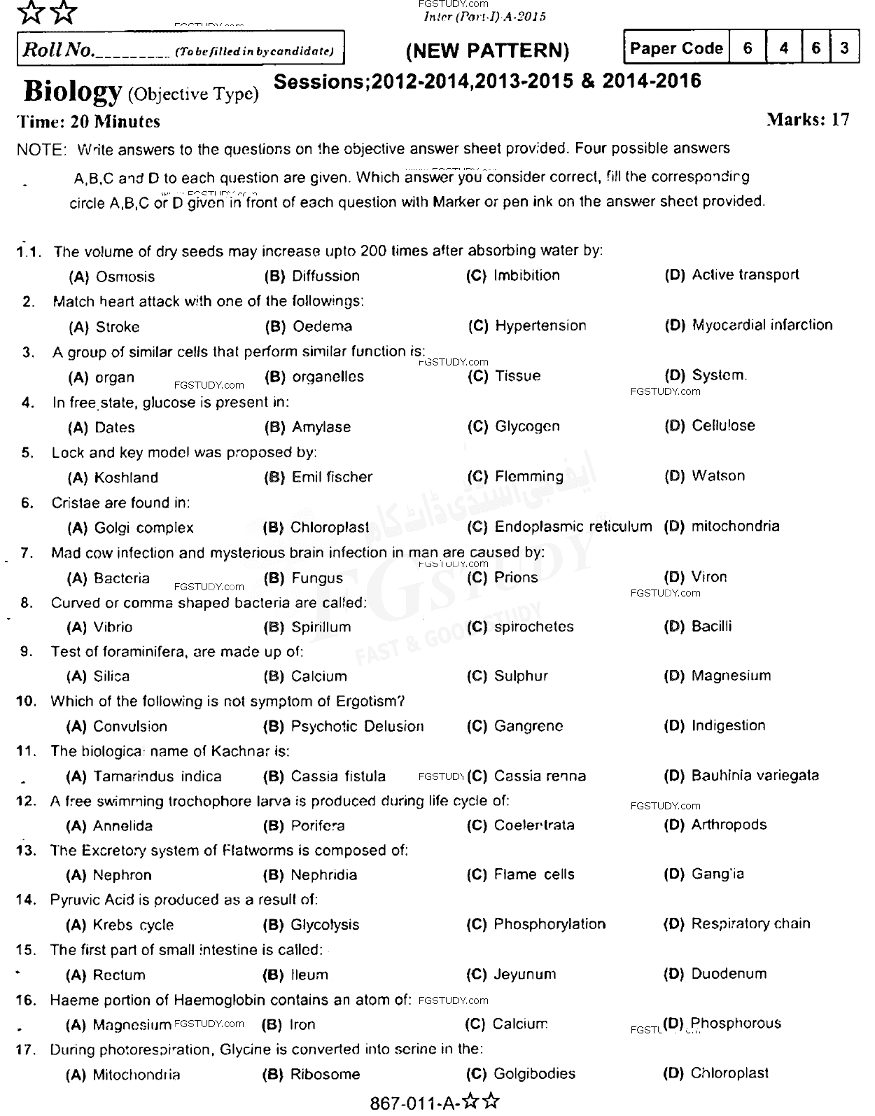 11th Class Biology Past Paper 2015 Rawalpindi Board Objective