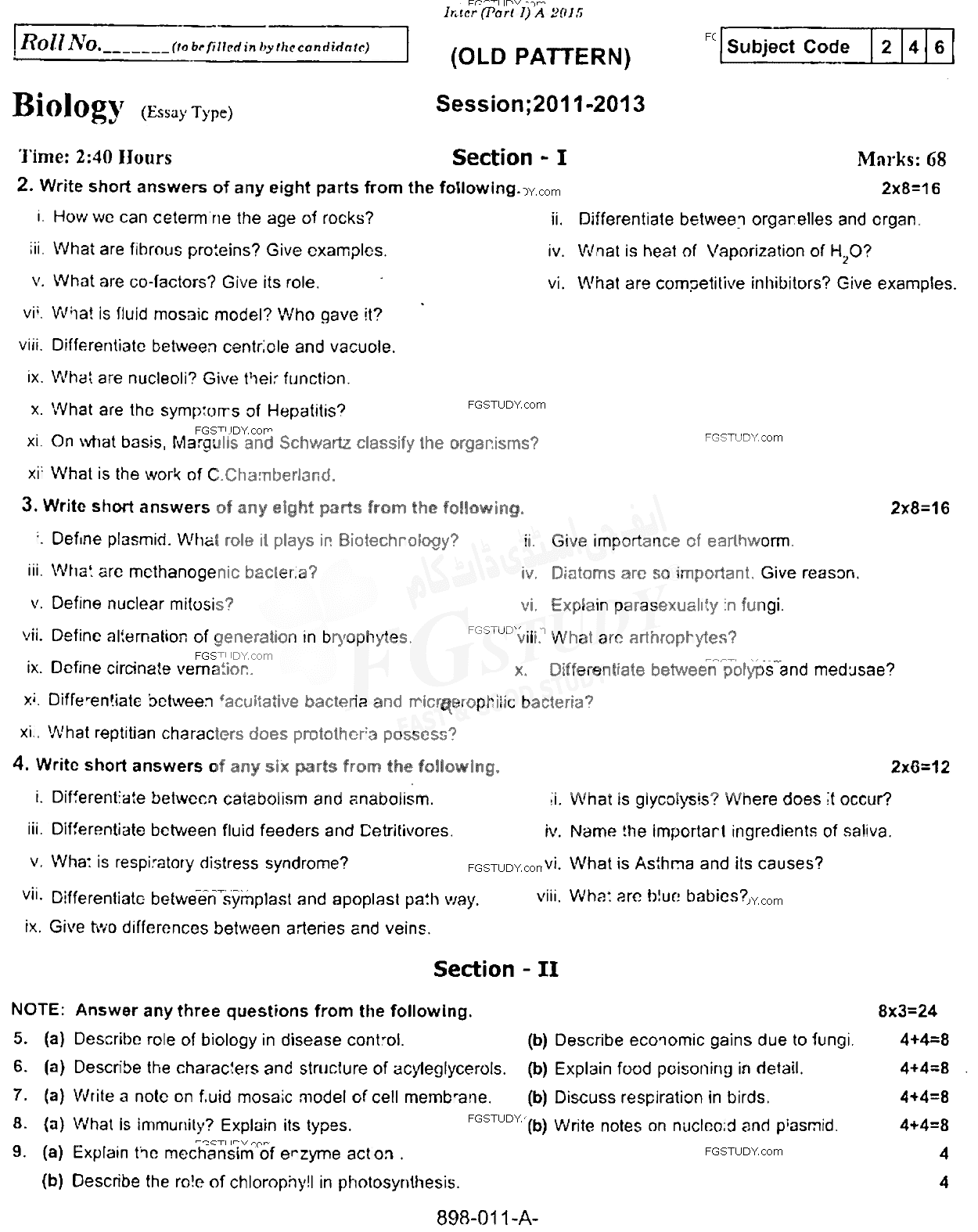 11th Class Biology Past Paper 2015 Rawalpindi Board Subjective