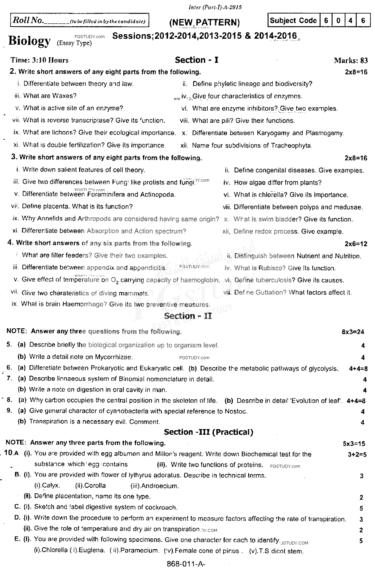 11th Class Biology Past Paper 2015 Rawalpindi Board Subjective