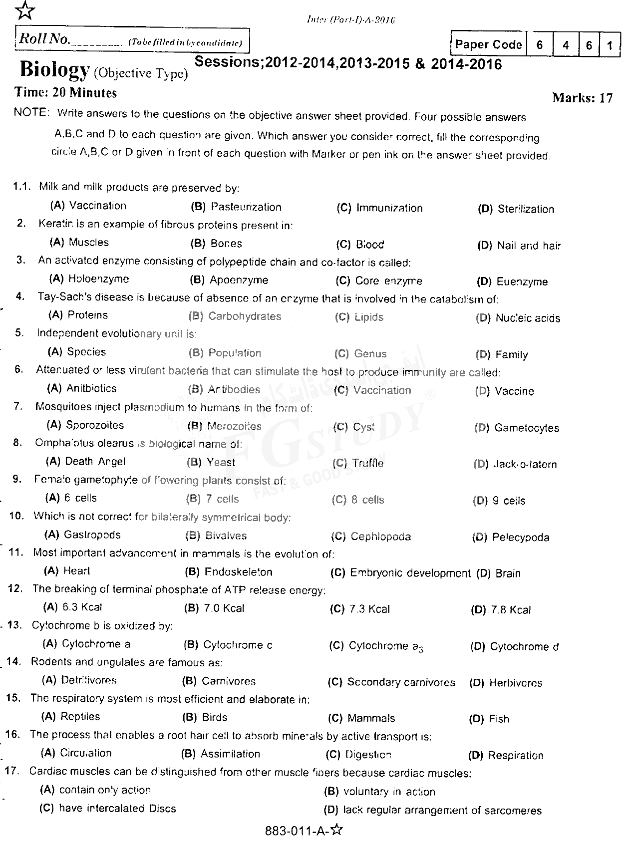 11th Class Biology Past Paper 2016 Rawalpindi Board Objective