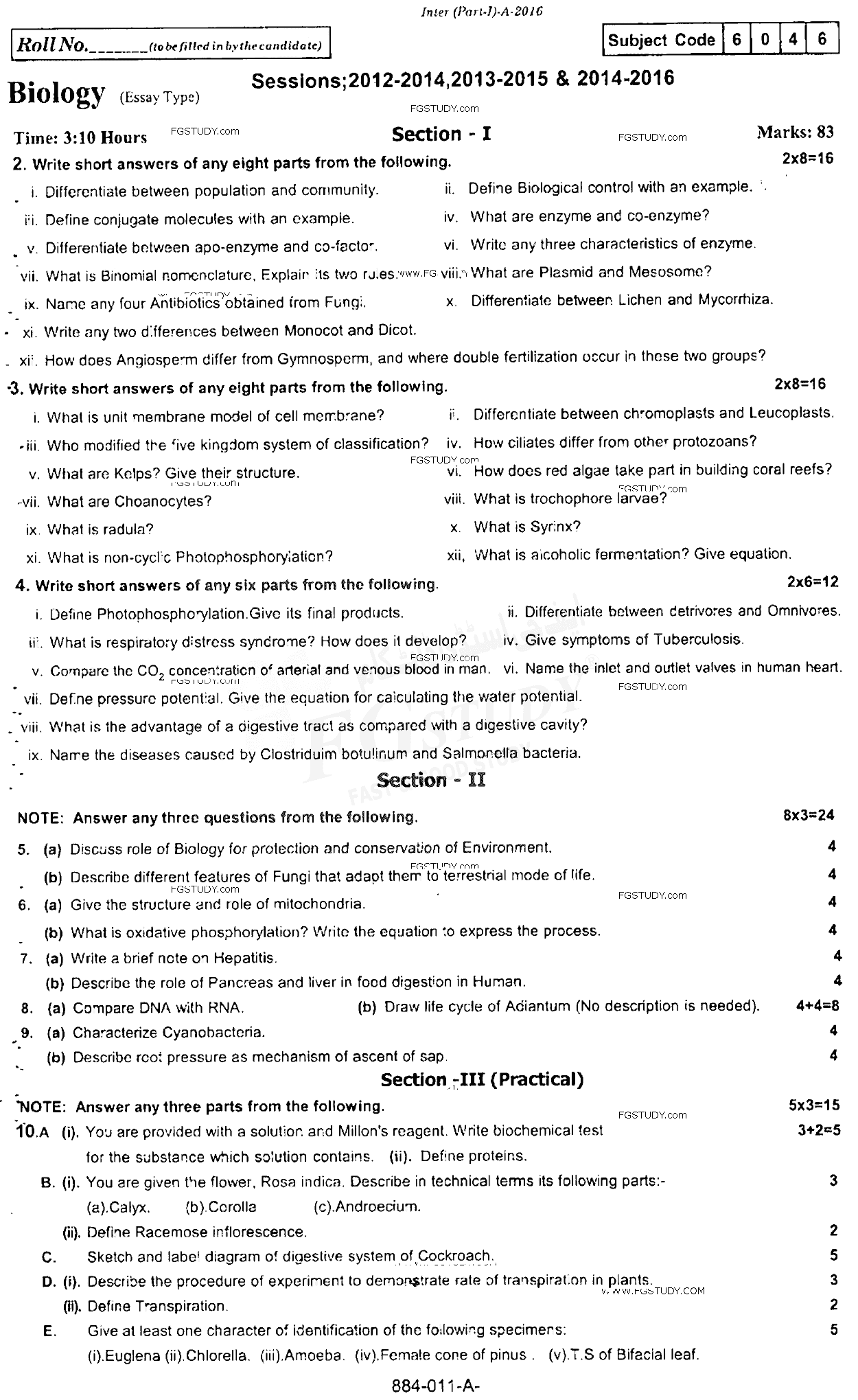 11th Class Biology Past Paper 2016 Rawalpindi Board Subjective