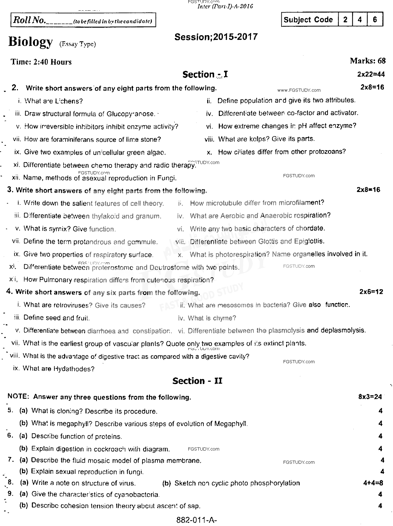 11th Class Biology Past Paper 2016 Rawalpindi Board Subjective