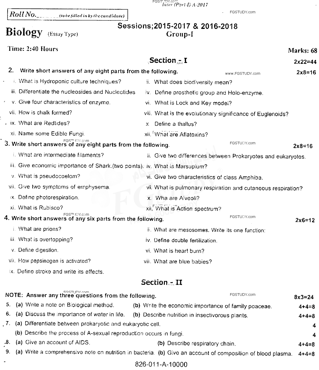 11th Class Biology Past Paper 2017 Rawalpindi Board Group 1 Subjective