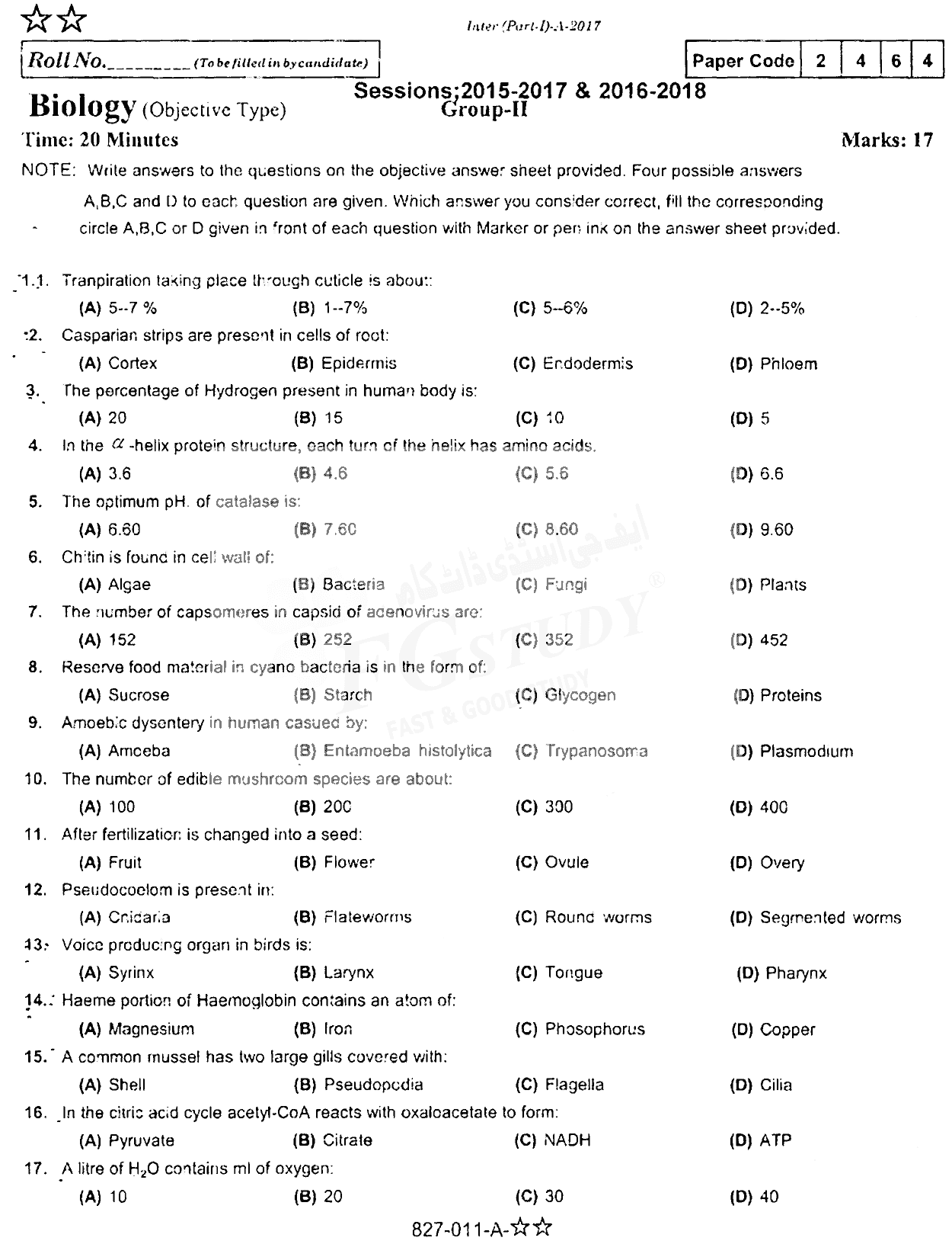 11th Class Biology Past Paper 2017 Rawalpindi Board Group 2 Objective