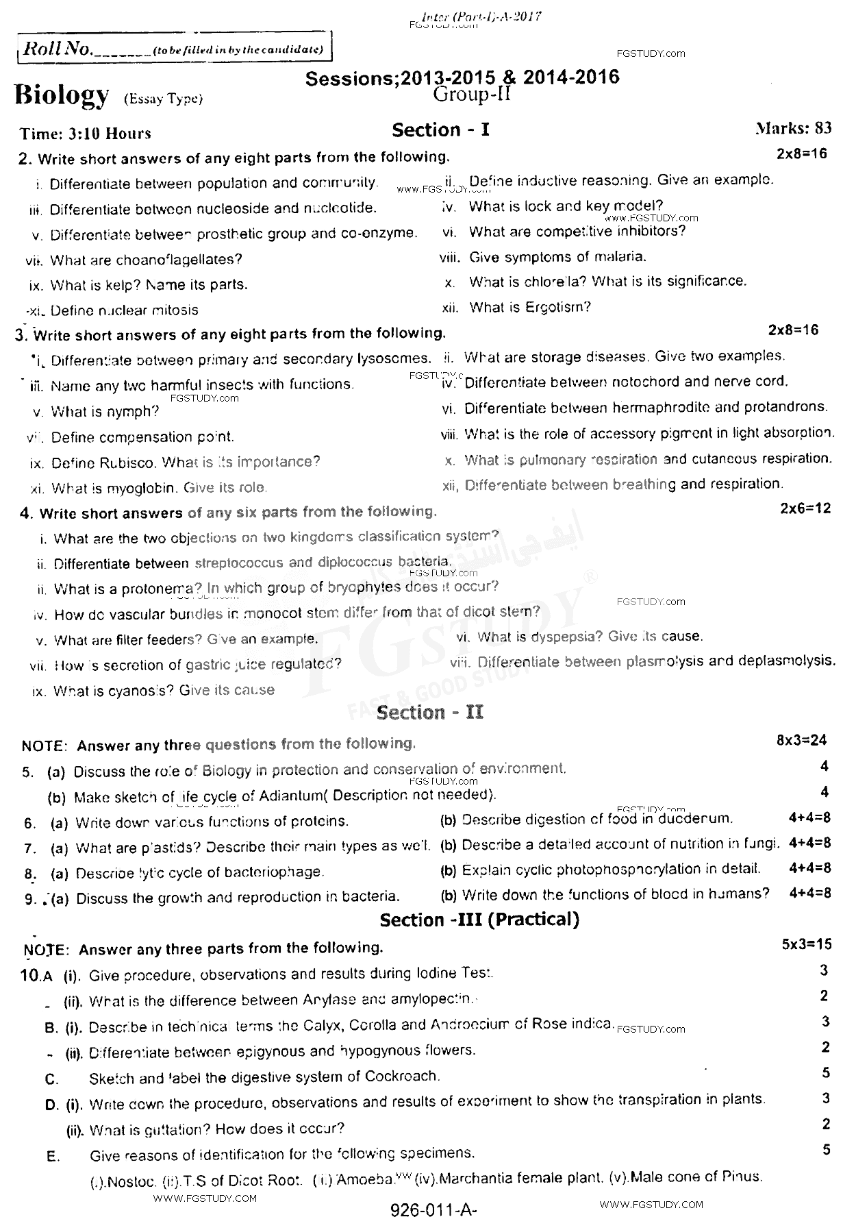 11th Class Biology Past Paper 2017 Rawalpindi Board Group 2 Subjective