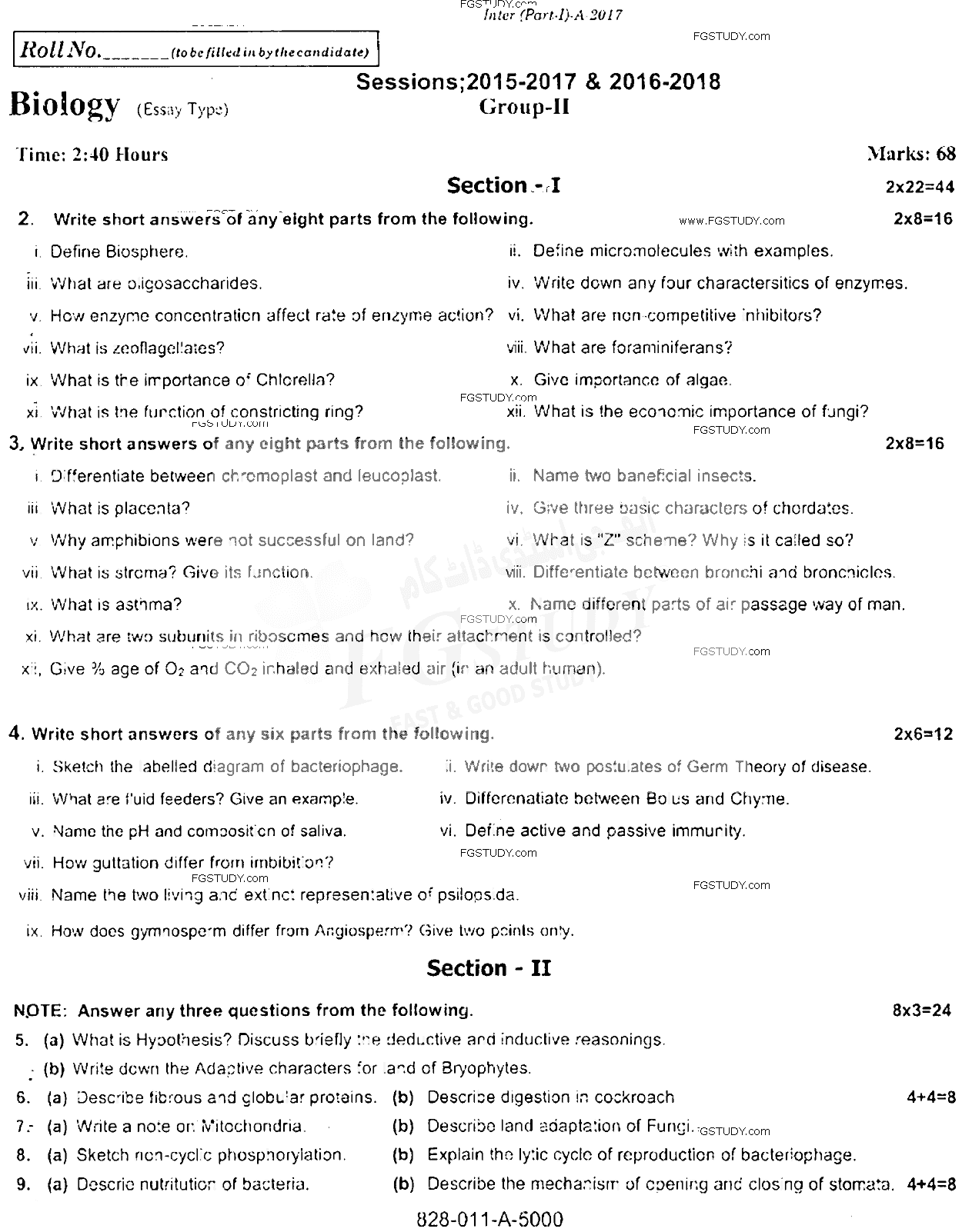 11th Class Biology Past Paper 2017 Rawalpindi Board Group 2 Subjective