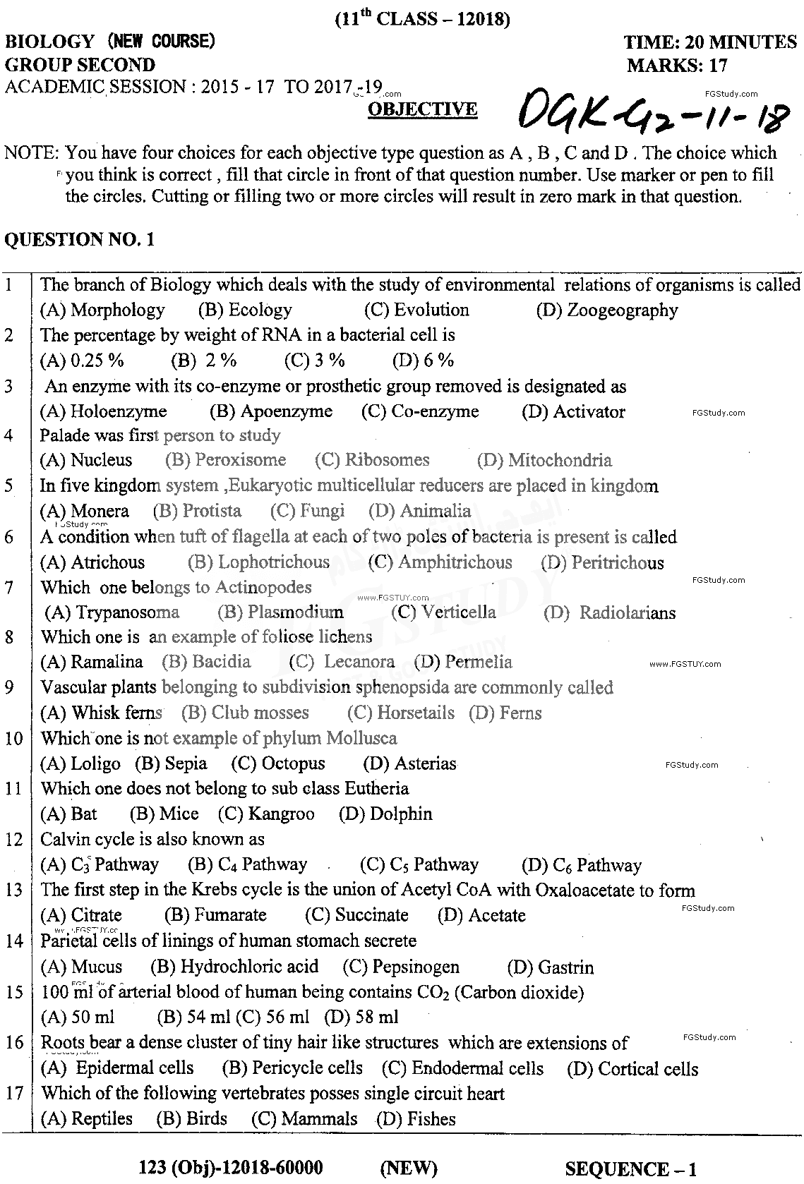 11th Class Biology Past Paper 2018 Dg Khan Board Group 2 Objective