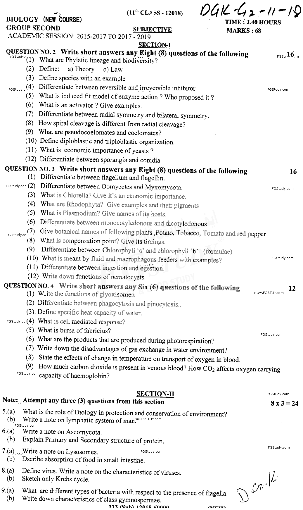 11th Class Biology Past Paper 2018 Dg Khan Board Group 2 Subjective