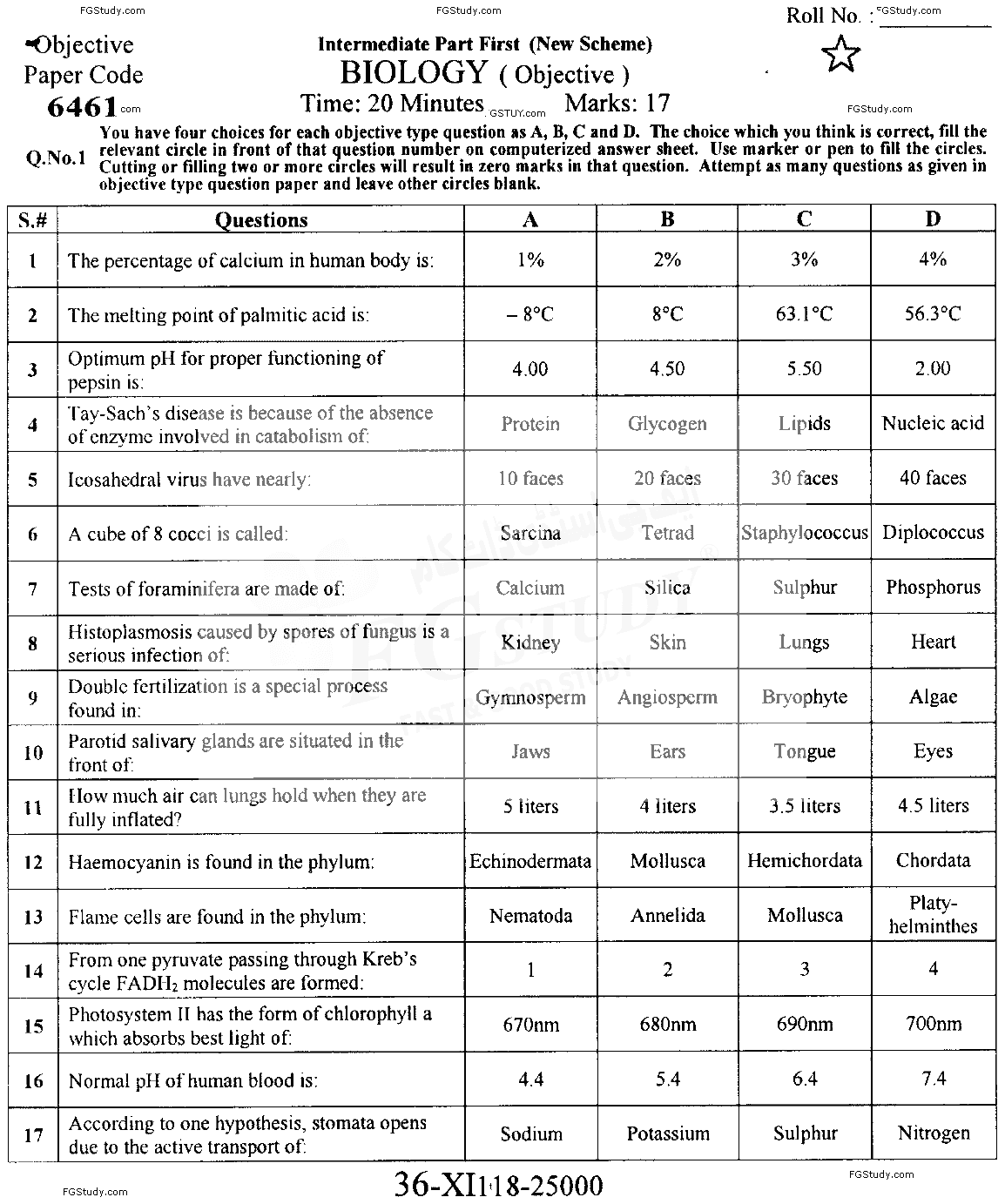 11th Class Biology Past Paper 2018 Faisalabad Board Objective