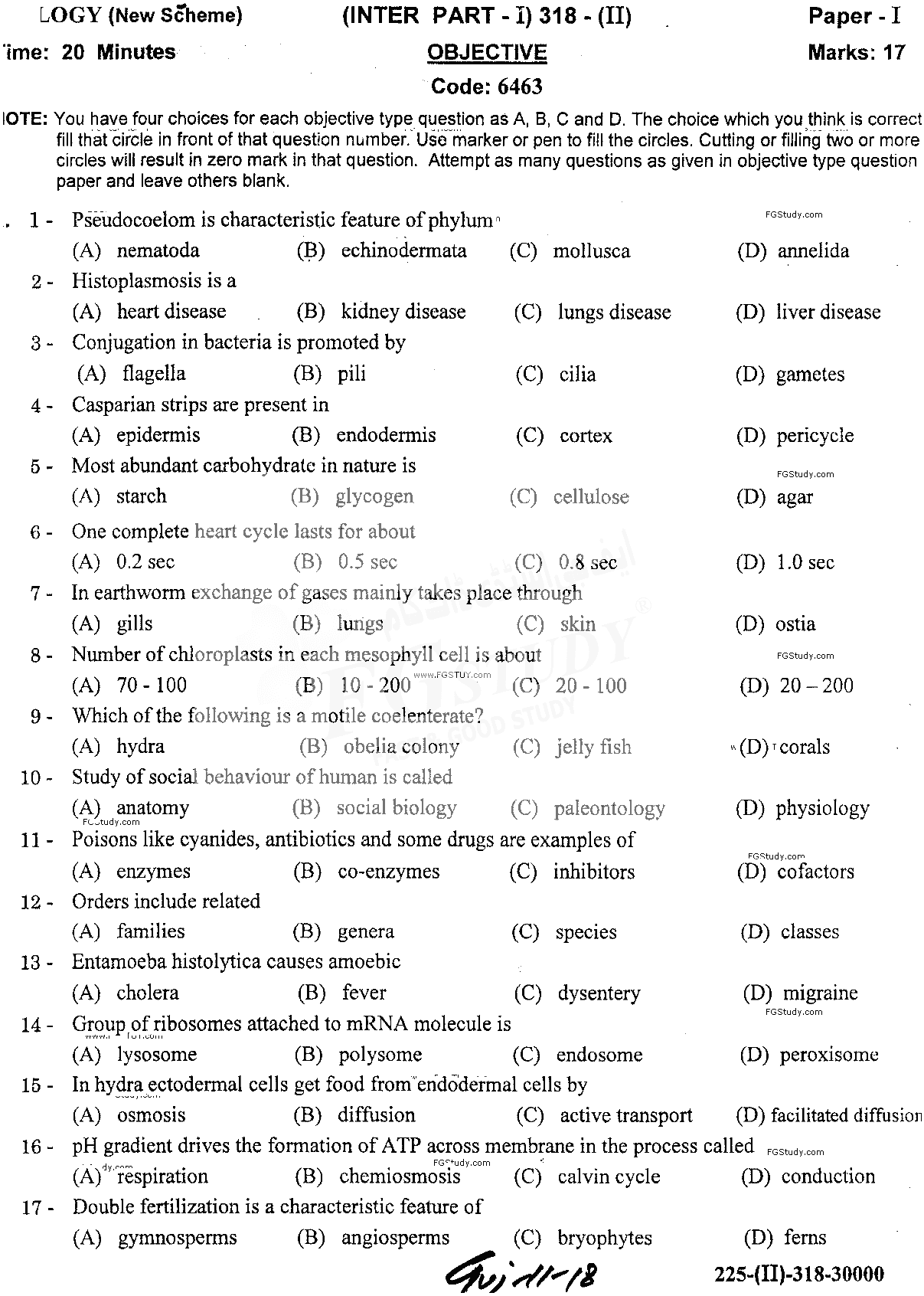 11th Class Biology Past Paper 2018 Gujranwala Board Objective