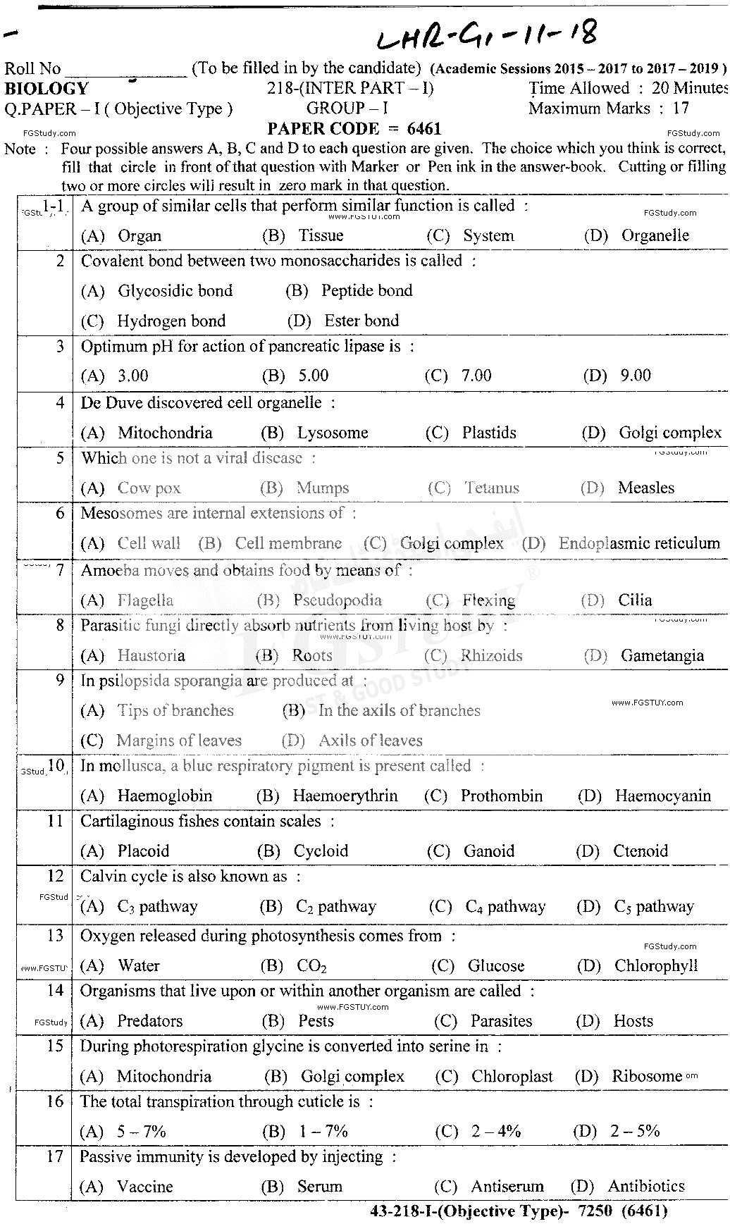 11th Class Biology Past Paper 2018 Lahore Board Group 1 Objective