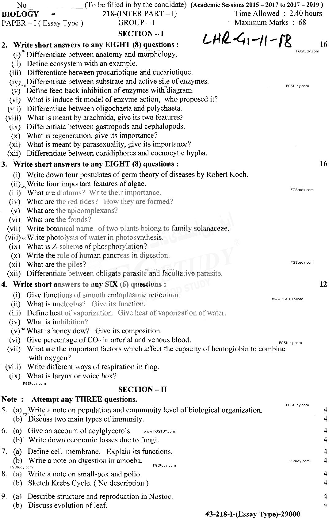 11th Class Biology Past Paper 2018 Lahore Board Group 1 Subjective