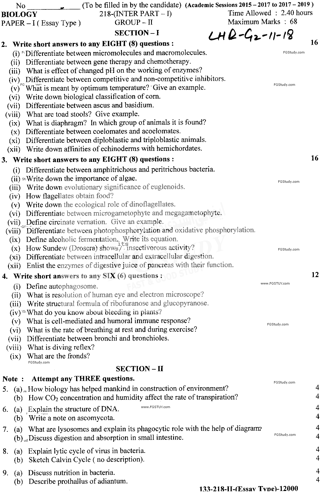 11th Class Biology Past Paper 2018 Lahore Board Group 2 Subjective