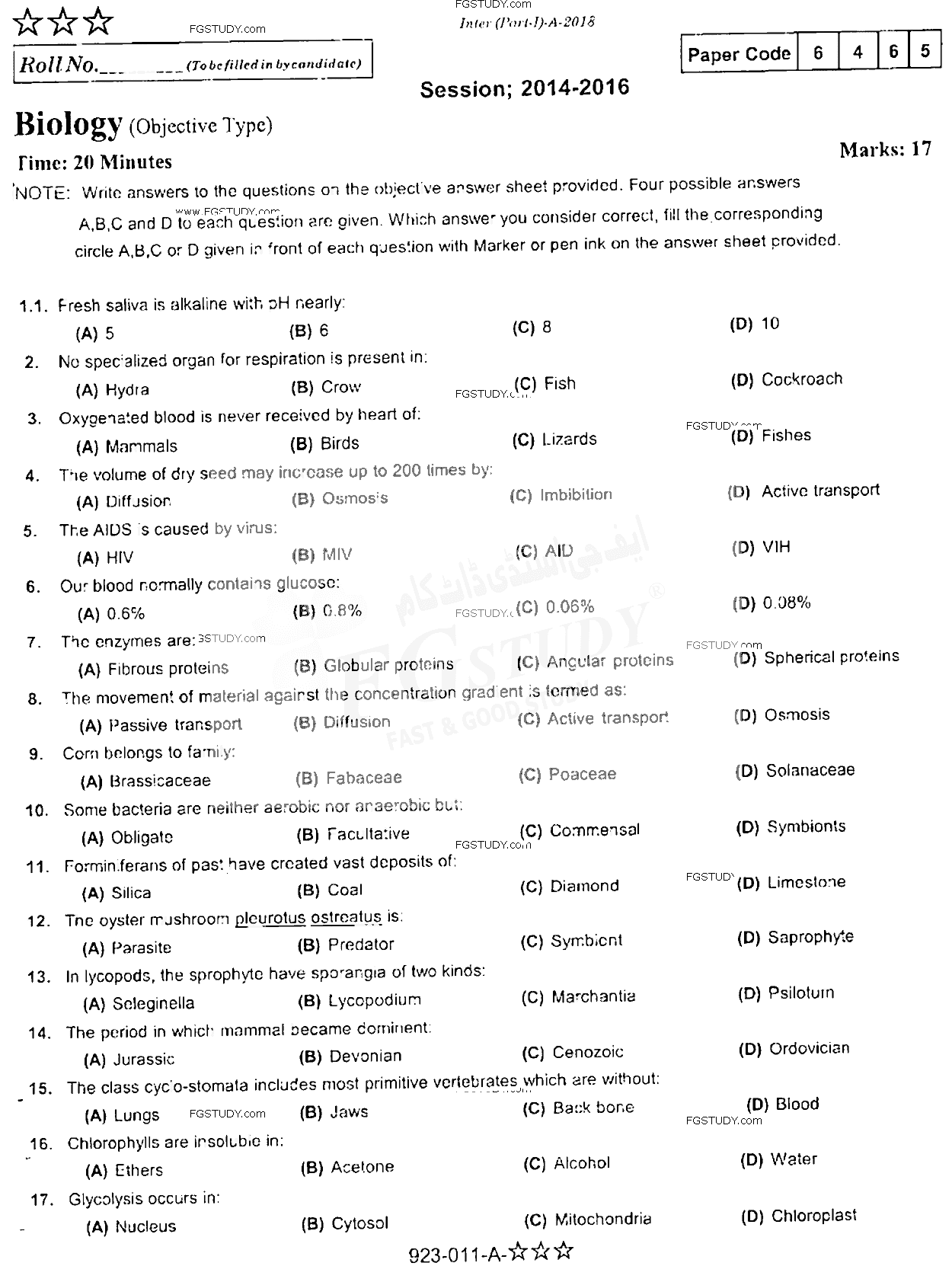11th Class Biology Past Paper 2018 Rawalpindi Board Objective