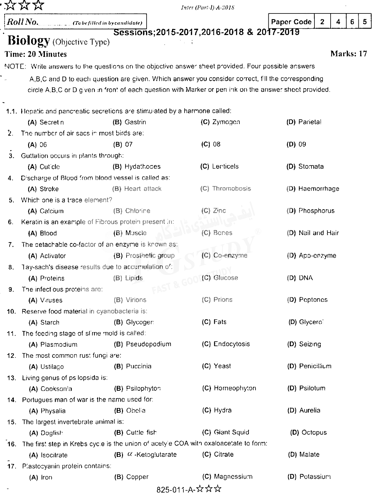 11th Class Biology Past Paper 2018 Rawalpindi Board Objective