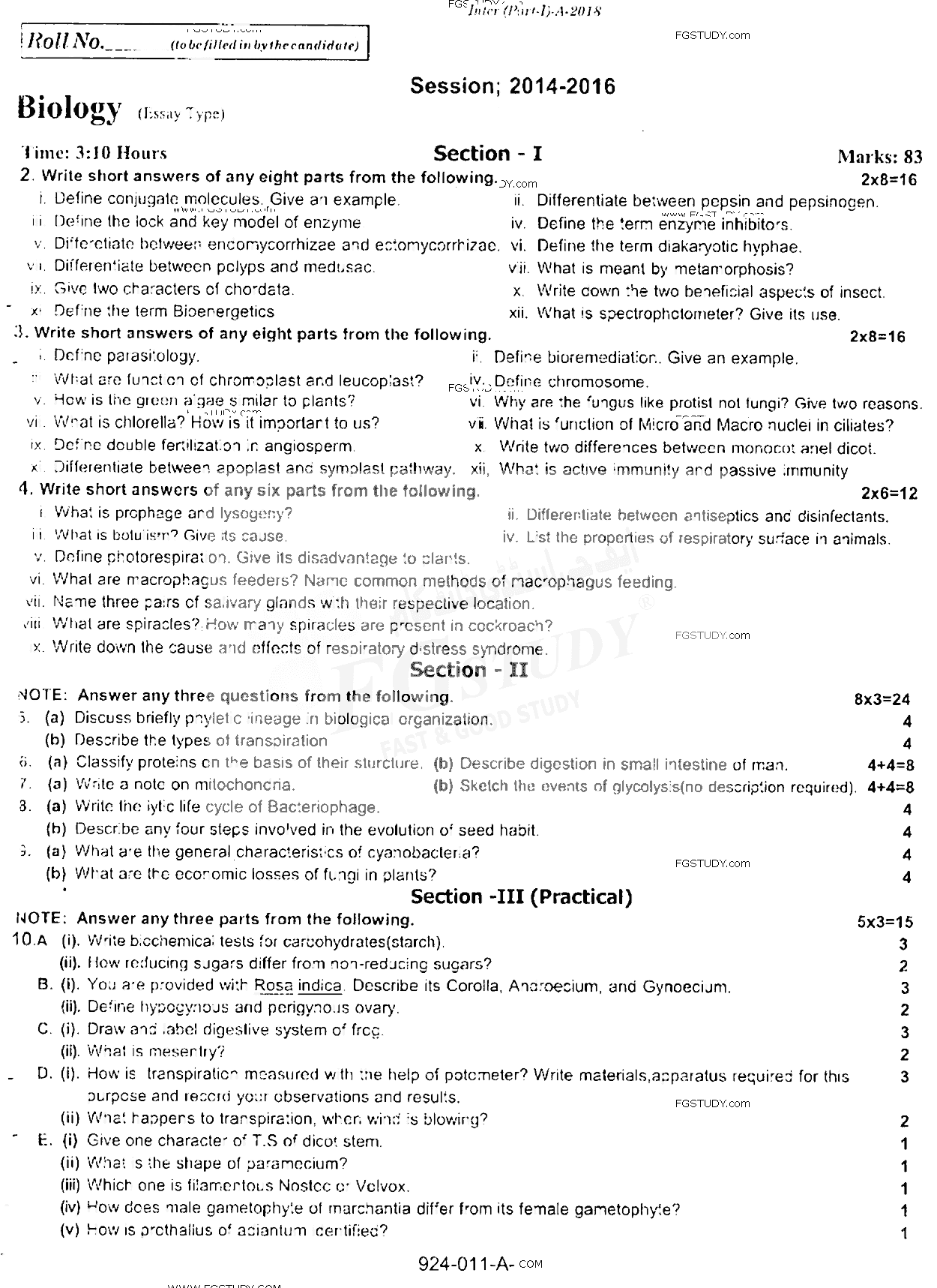 11th Class Biology Past Paper 2018 Rawalpindi Board Subjective