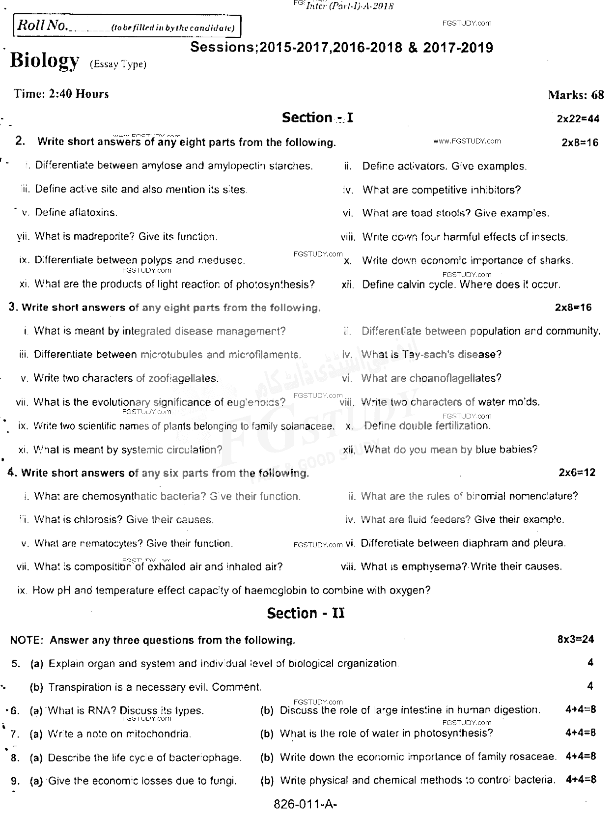 11th Class Biology Past Paper 2018 Rawalpindi Board Subjective