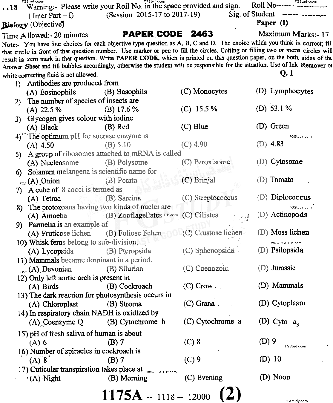 11th Class Biology Past Paper 2018 Sargodha Board Objective