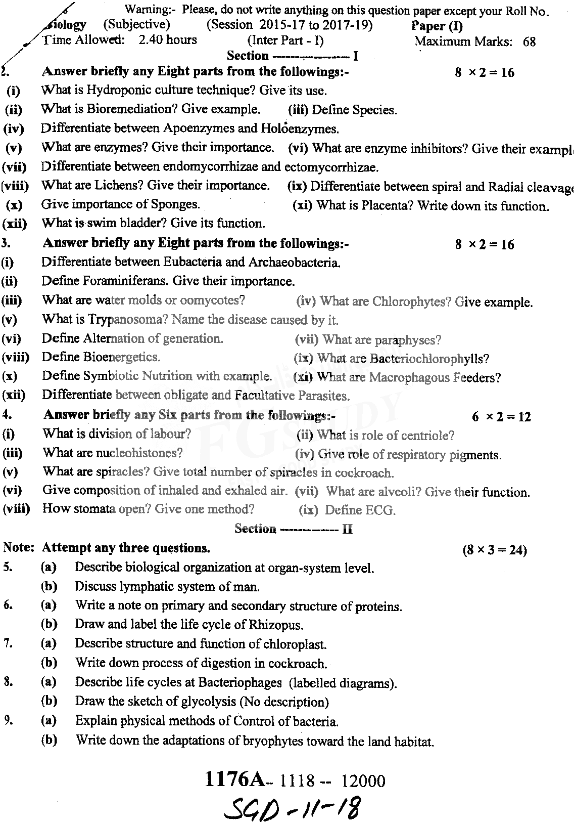 11th Class Biology Past Paper 2018 Sargodha Board Subjective