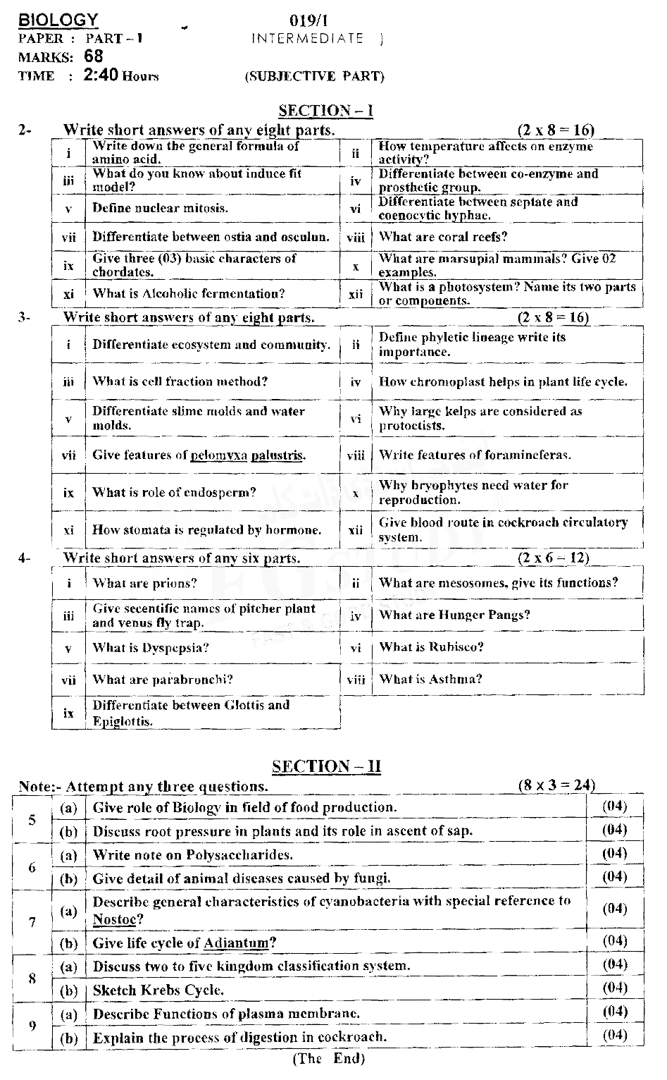 11th Class Biology Past Paper 2019 Ajk Board Group 1 Subjective