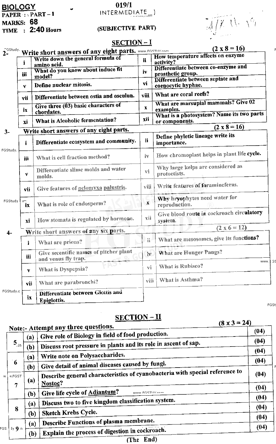 11th Class Biology Past Paper 2019 Ajk Board Subjective