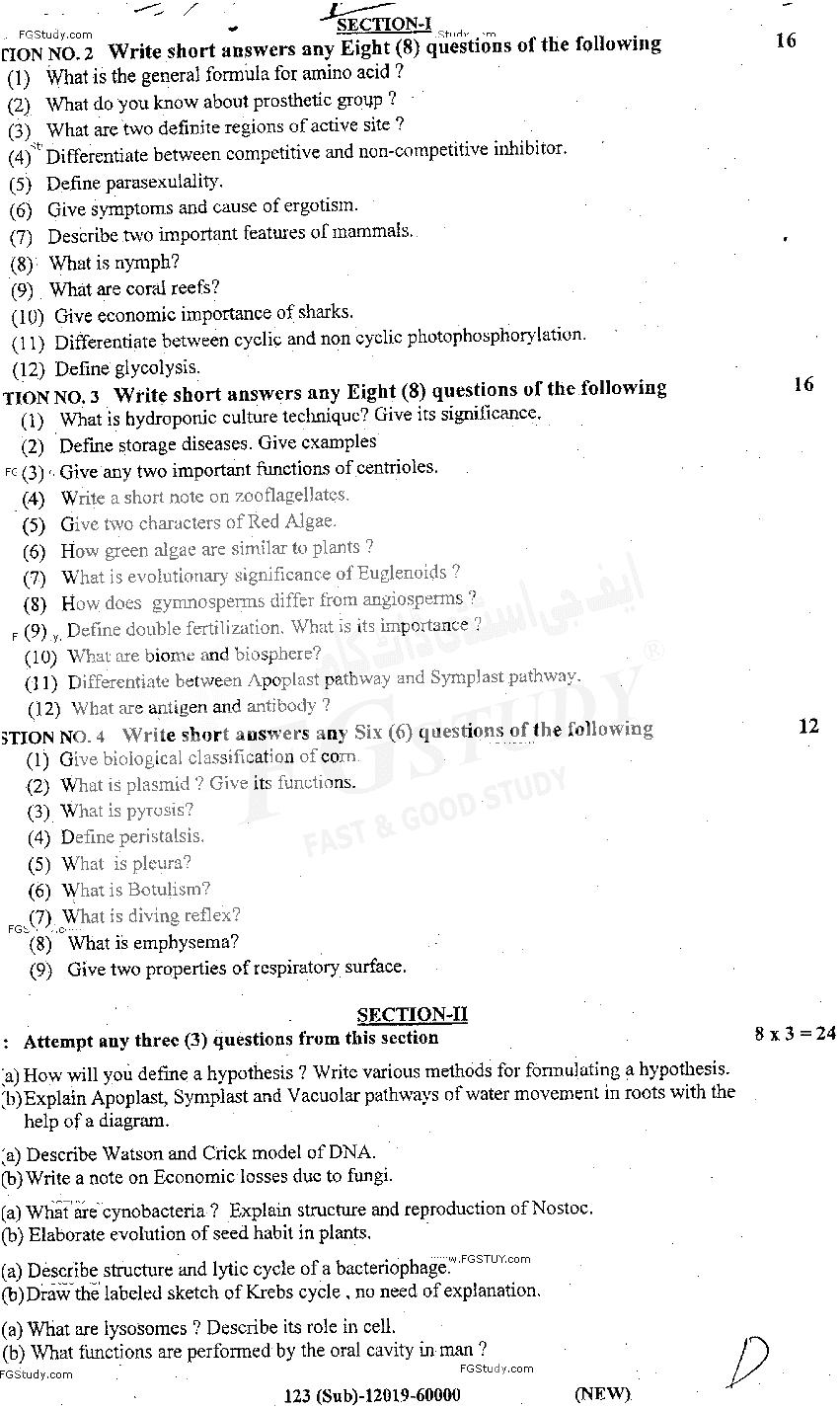 11th Class Biology Past Paper 2019 Dg Khan Board Group 2 Subjective