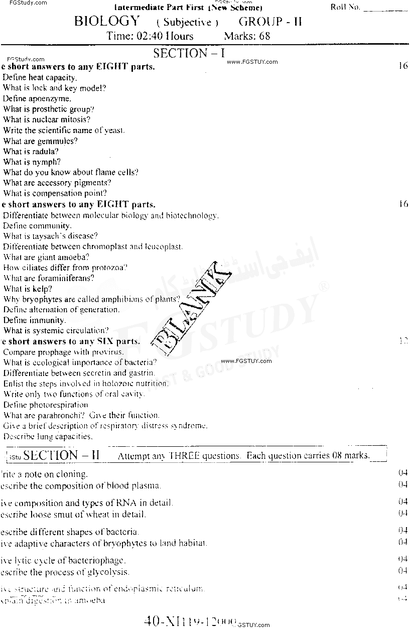 11th Class Biology Past Paper 2019 Faisalabad Board Group 2 Subjective