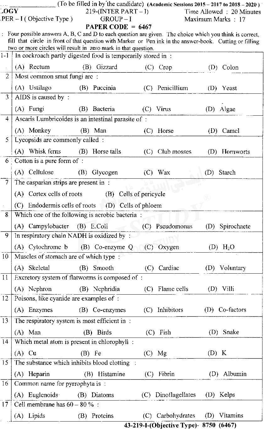 11th Class Biology Past Paper 2019 Lahore Board Group 1 Objective