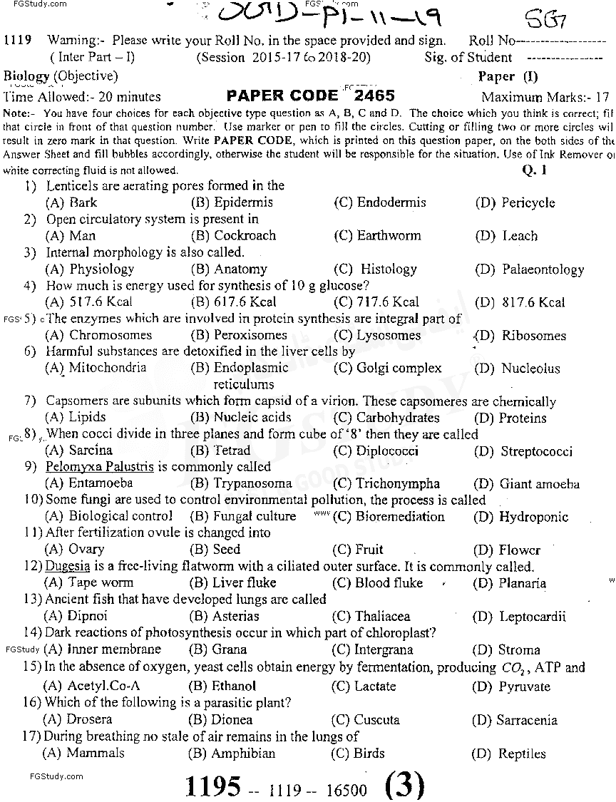 11th Class Biology Past Paper 2019 Sargodha Board Objective