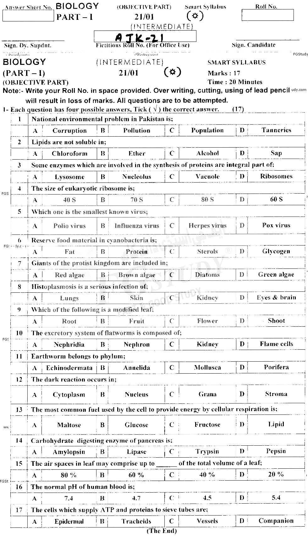 11th Class Biology Past Paper 2021 Ajk Board Objective
