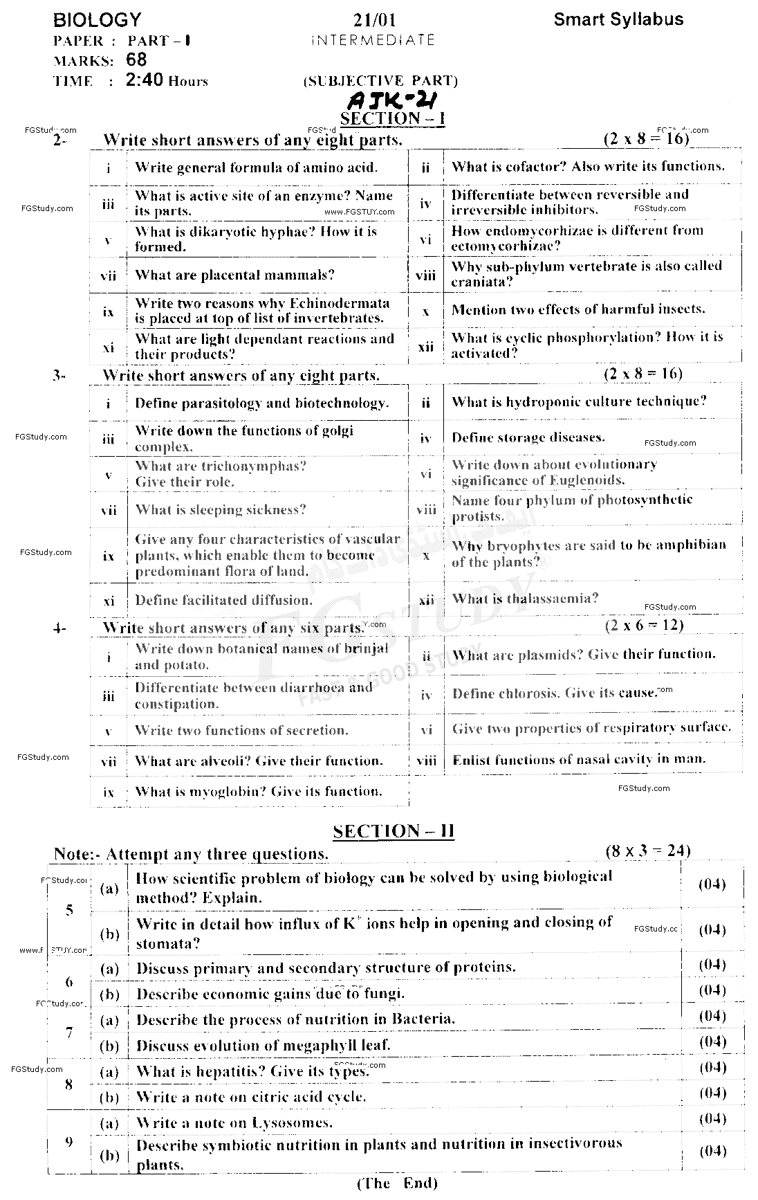 11th Class Biology Past Paper 2021 Ajk Board Subjective