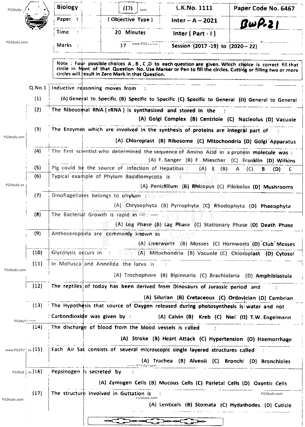 11th Class Biology Past Paper 2021 Bahawalpur Board Objective