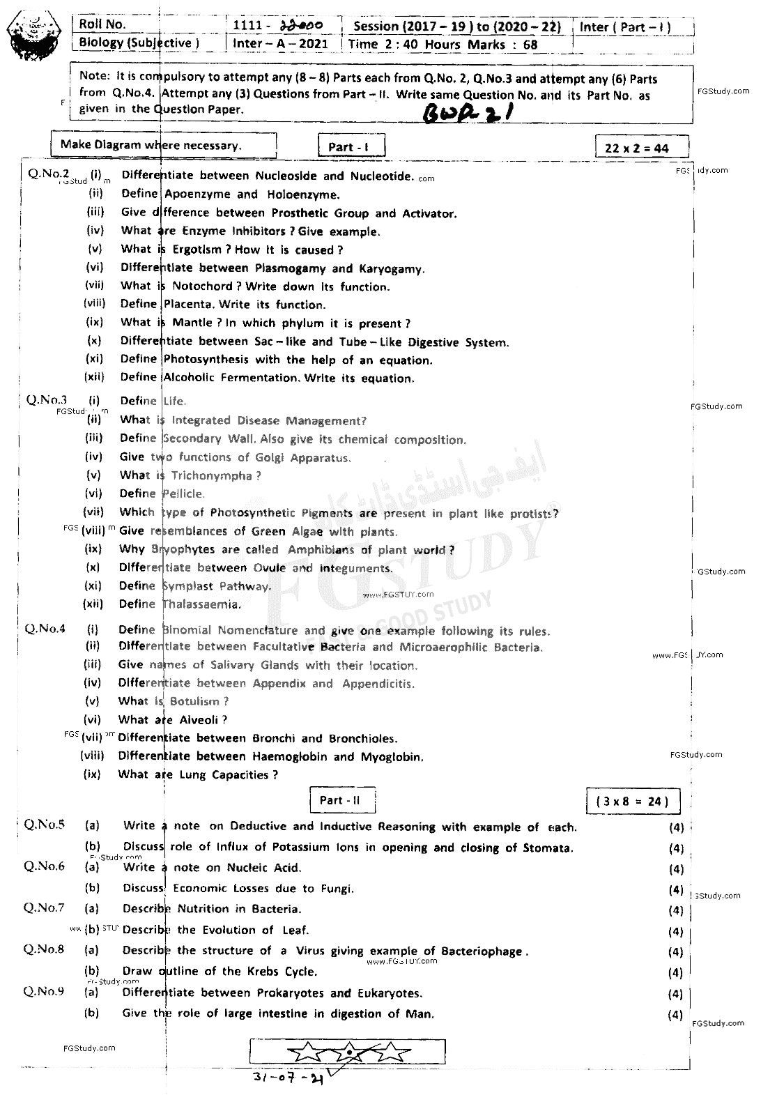 11th Class Biology Past Paper 2021 Bahawalpur Board Subjective