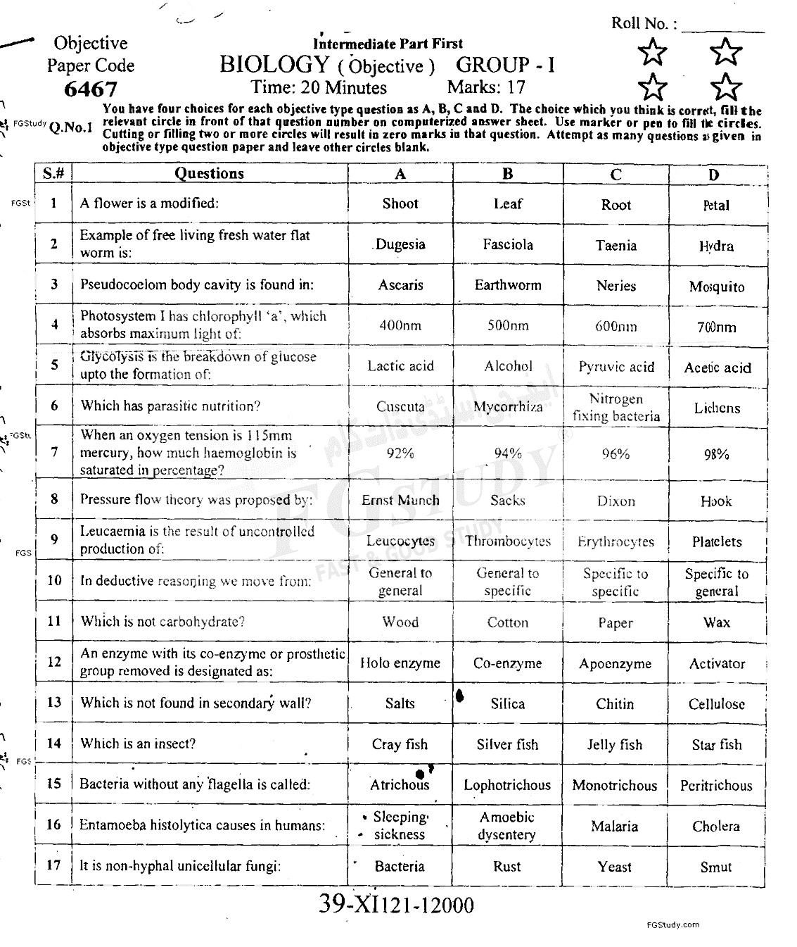 11th Class Biology Past Paper 2021 Faisalabad Board Group 1 Objective