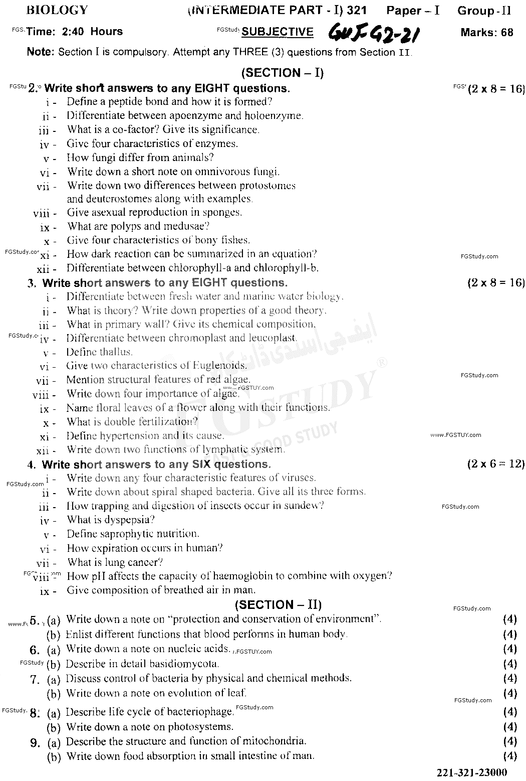 11th Class Biology Past Paper 2021 Gujranwala Board Group 2 Subjective