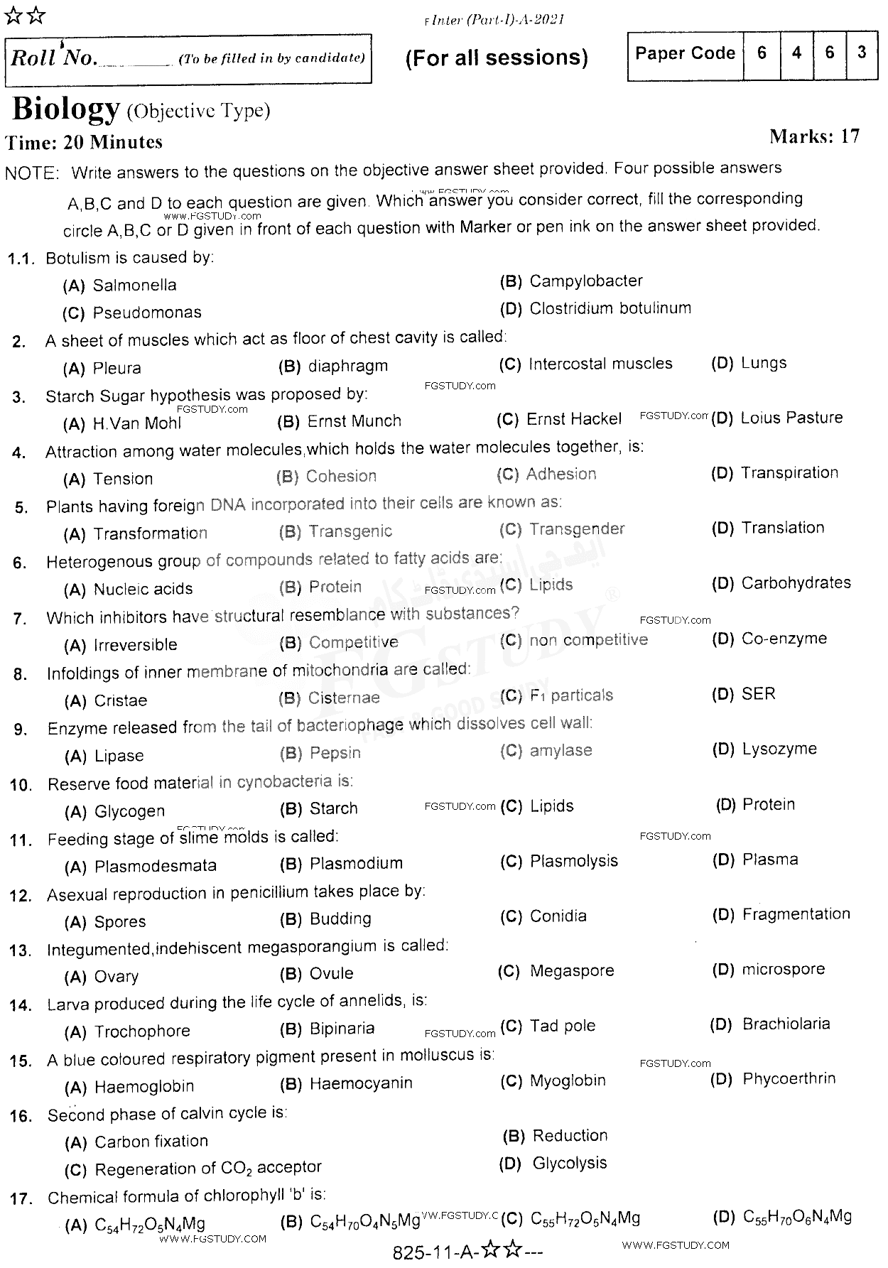 11th Class Biology Past Paper 2021 Rawalpindi Board Objective