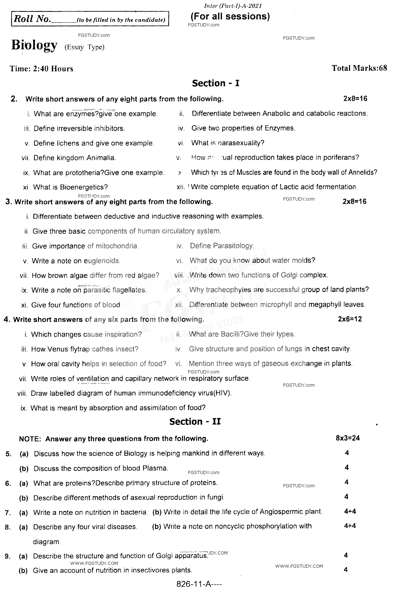 11th Class Biology Past Paper 2021 Rawalpindi Board Subjective