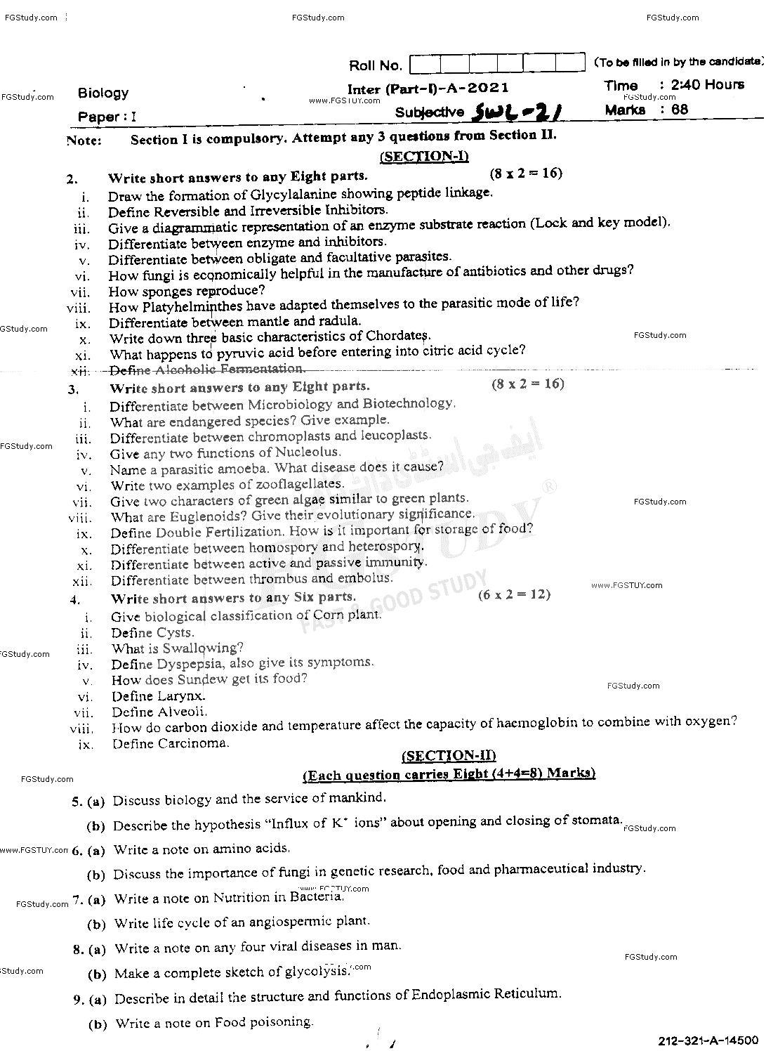 11th Class Biology Past Paper 2021 Sahiwal Board Subjective