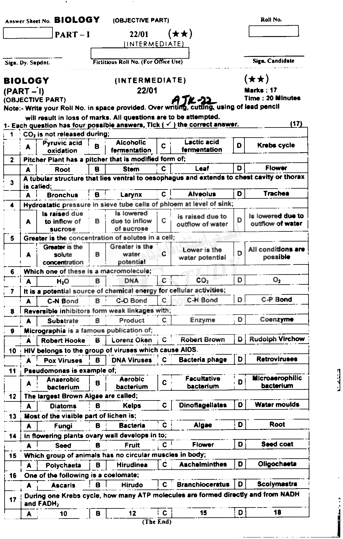 11th Class Biology Past Paper 2022 Ajk Board Objective
