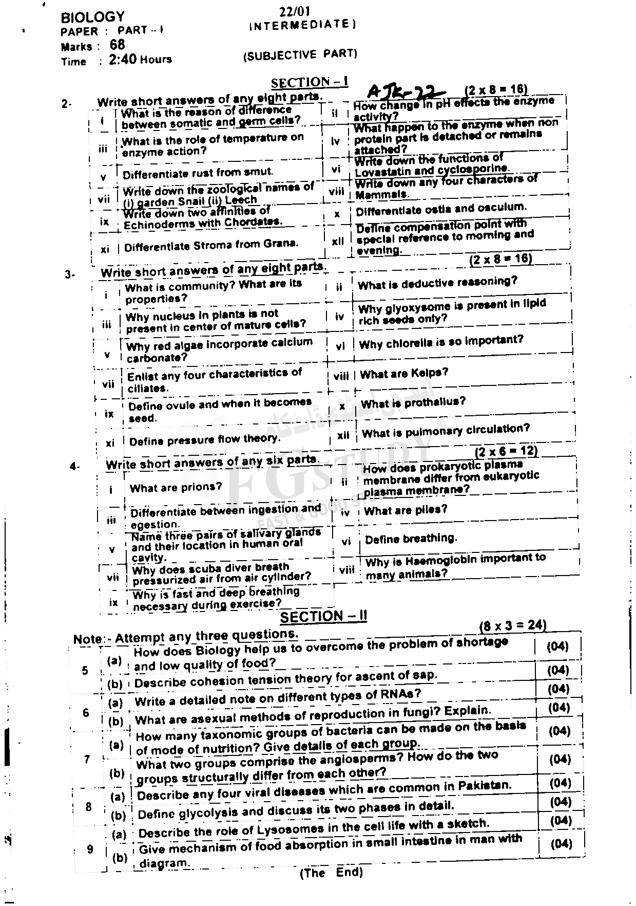 11th Class Biology Past Paper 2022 Ajk Board Subjective