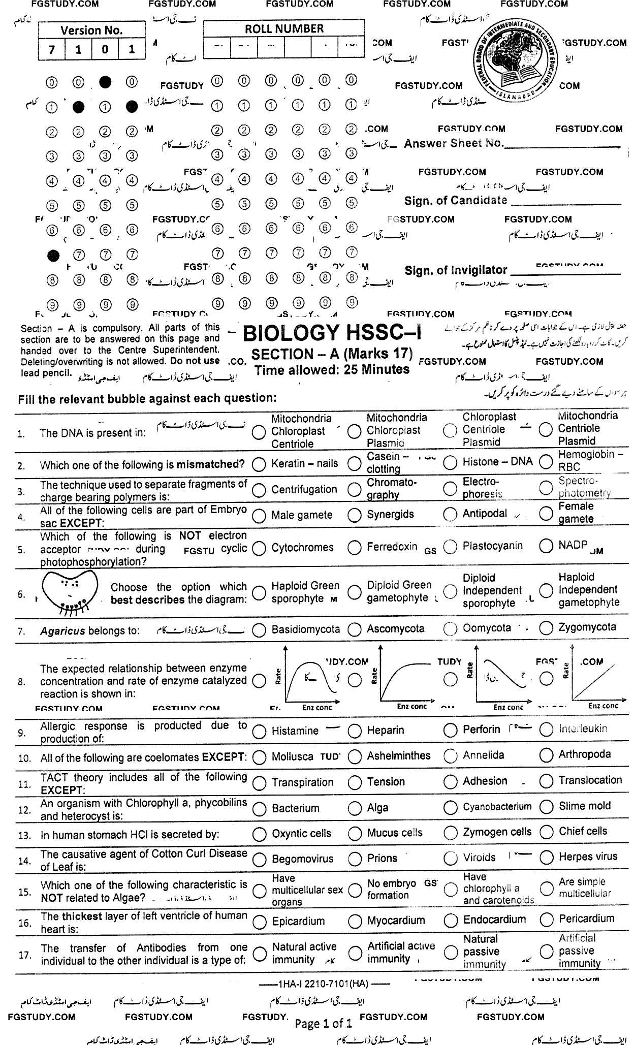 11th Class Biology Past Paper 2022 Federal Board Islamabad Objective