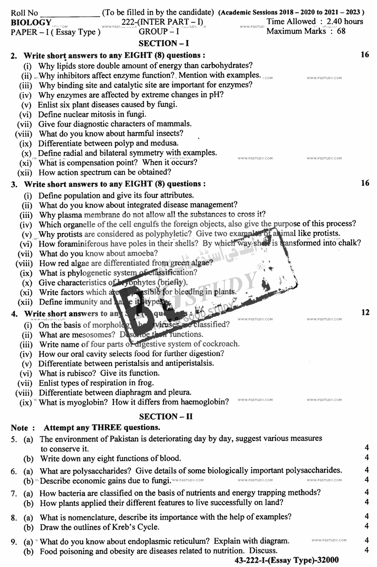 11th Class Biology Past Paper 2022 Lahore Board Group 1 Subjective