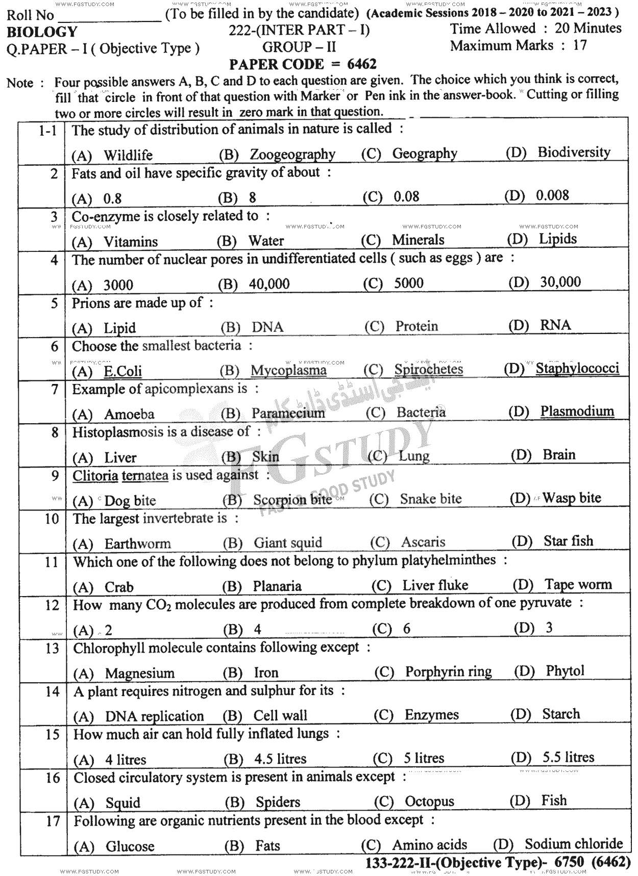 11th Class Biology Past Paper 2022 Lahore Board Group 2 Objective
